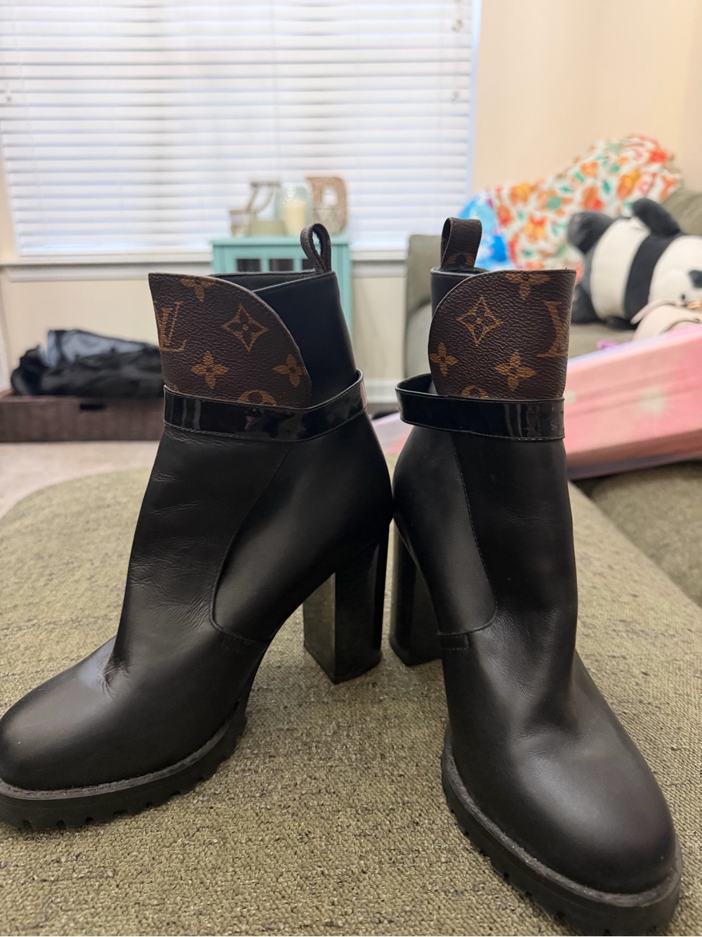 Black Leather Block-Heel Ankle Boots with Brown Monogram Cuff